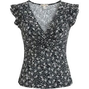 Blouse M Susan Lawrence Womens Cap Sleeve V-Neck Floral Top Blouse Medium Cute